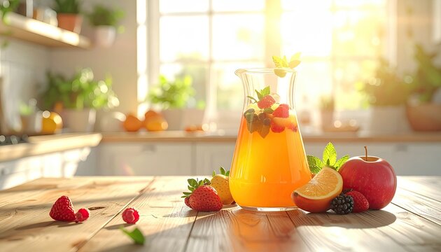 Bright kitchen with pitcher of fruit drink, sunlit wood table
