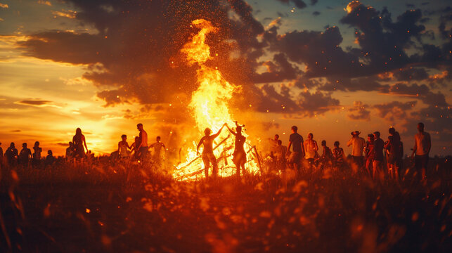 People dancing around a bonfire at sunset. Warm firelight and golden sky create a festival mood. Summer joy and freedom