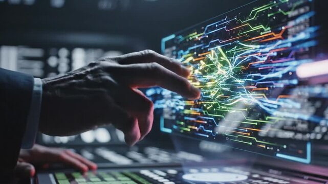 A person's hand interacts with a futuristic digital interface displaying vibrant data lines on a keyboard.