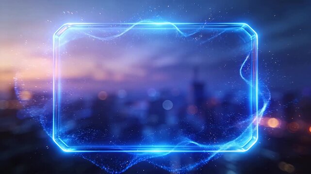 Blue glowing holographic rectangle frame with particles over dusk city skyline