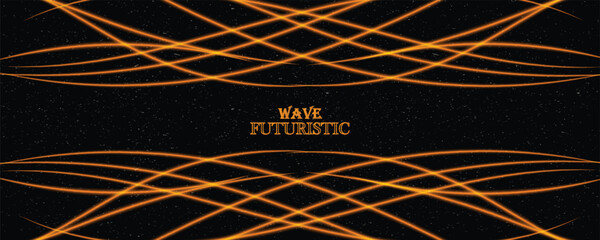 Abstract futuristic curved glowing neon orange light ray with wave text design on dark starry background. Vector illustration for sci-fi tech presentation template and banner. © DAR