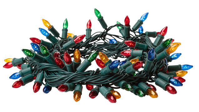 Isolated festive string of bright colorful Christmas lights tangled holiday celebration decoration