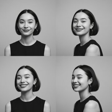 A black-and-white collage of a young woman with short hair, hoop earrings, and a black sleeveless top, smiling and posing from different angles.