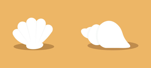 Two white seashell illustrations on a warm sand background, shown in clean flat vector style for beach themes, summer decor, ocean icons, travel graphics, and coastal design projects. © Infinity Focus
