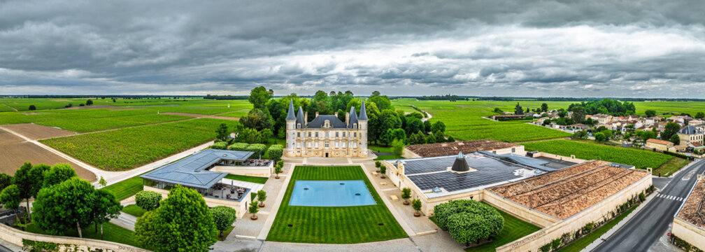 Chateau Pichon Longueville Baron Vineyard and grape fields around Pauillac from a drone, Bordeaux, Gironde, Nouvelle-Aquitaine, France, Europe
