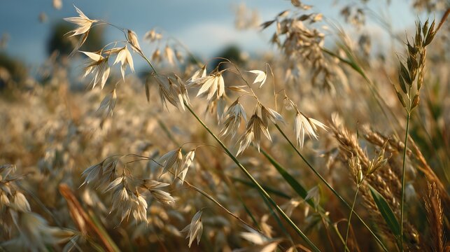Wild oat (Avena fatua) on fields of wheat and barley crops in summer before harvest