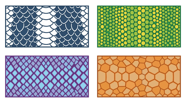 Four different colorful reptile skin texture patterns