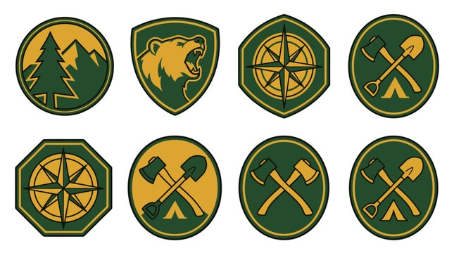 A collection of green and gold outdoor adventure badges