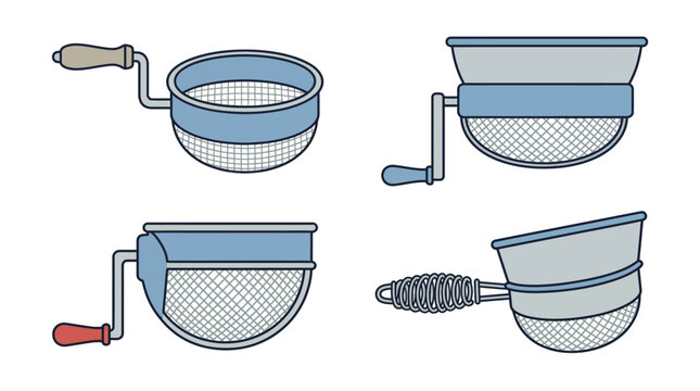 Four vintage flour sifter illustrations on a white background