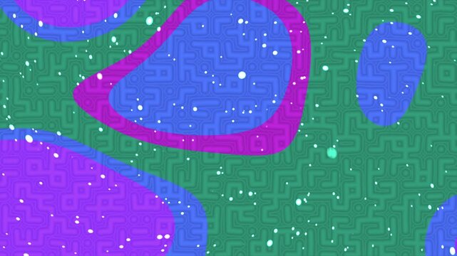 Abstract background with purple organic shapes and a green maze pattern with white dots.