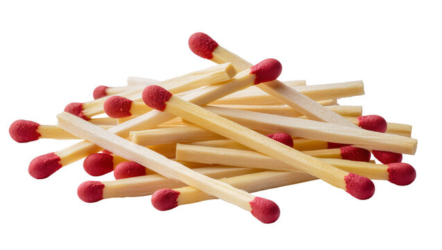 Isolated pile of new wooden matches with red tips, ready for ignition, fire safety concept.