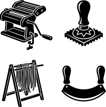 Pasta making equipment icons including manual pasta machine ravioli stamp noodle drying rack and crescent herb chopper for traditional italian kitchen tool designs.