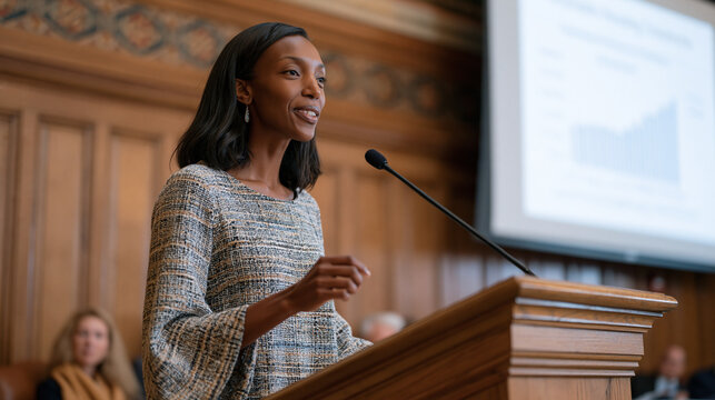 Community development loan fund director presents neighborhood revitalization impact report to city council members in a formal chamber, affordable housing construction data on