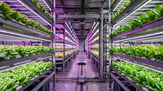 Fazenda vertical indoor moderna com luzes LED de cultivo. Agricultura hidrop&ocirc;nica de alta tecnologia com sistema automatizado para produ&ccedil;&atilde;o de alface sustent&aacute;vel.