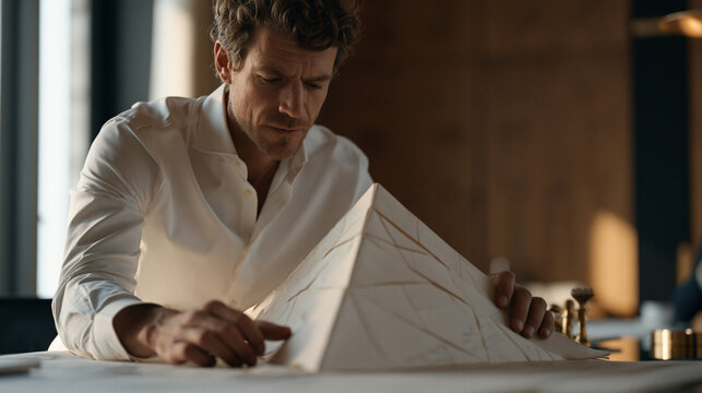 Strategic consultant building a tall perimeter barrier around a competitor positioning map on a luxury boardroom table, representing corporate moat construction, competitive