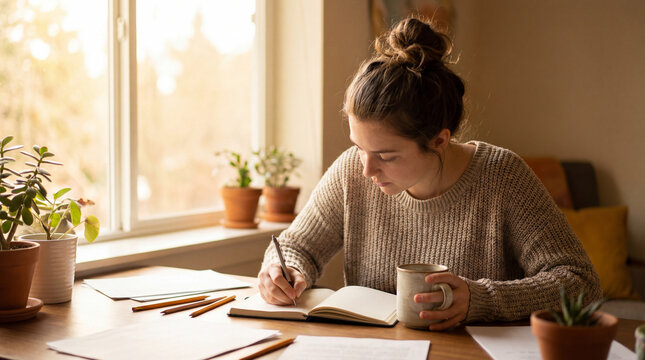 Woman writing in journal beside window with coffee mug houseplants pencils papers showing mindful planning cozy home office routine wellness mindful journaling productivity planning home