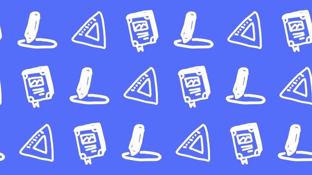 Seamless pattern of hand-drawn triangle ruler, textbook journals, and sketching pencil icons on blue background animation for back to school stationery wallpaper and creative design line art backdrop.