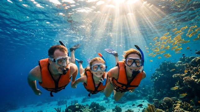 Family snorkeling in tropical sea with coral reef and sun rays