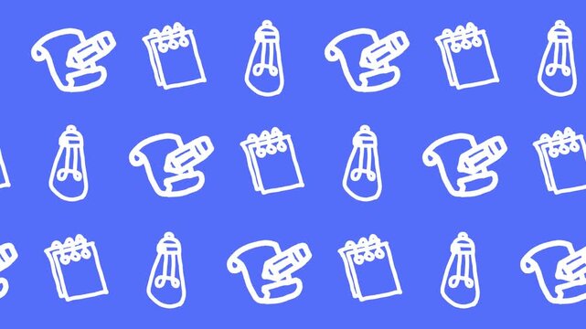 Seamless pattern of hand-drawn lightbulbs, rolled paper scroll with pencils, and spiral notepad icons on blue background animation for creative brainstorming wallpaper and office copywriting line art.
