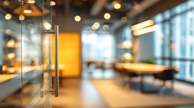 Blurred modern office interior with glass wall and meeting table