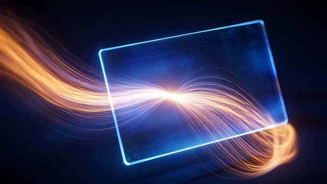 Transparent blue rectangle frame with gold purple light trails on dark background
