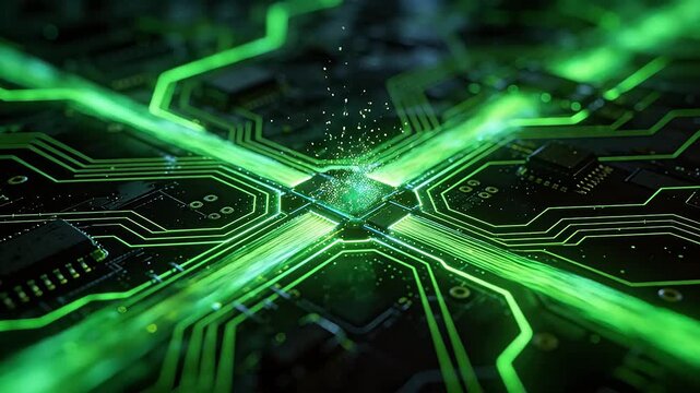 Sci-fi circuit board with glowing green radiating lines and bright center particle effect