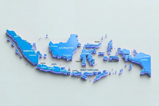 Stylized map of Indonesia with major islands labeled including Sumatra, Java, Kalimantan, Sulawesi, Bali, Nusa Tenggara, Maluku, Papua, and archipelagic divisions generated ai