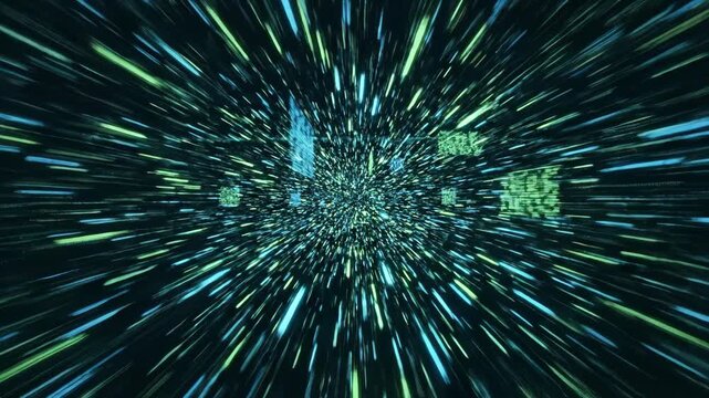 Vivid Light Trails Warp Through a Digital Tunnel.