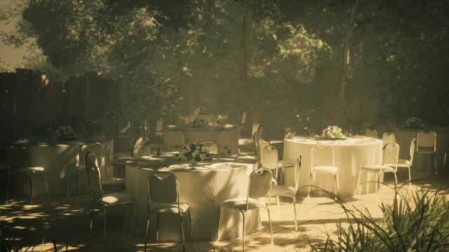 Sunlight filters through lush trees, casting enchanting shadows on beautifully set tables. Fresh flowers adorn each table, creating a serene atmosphere for a joyful gathering in nature.
