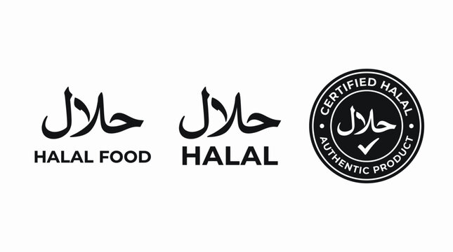 Halal (hallal / halaal meaning permissible in arabic) symbol with text under. Sign for allowed food and drinks by Islamic law. Three versions one with circle cutting path.