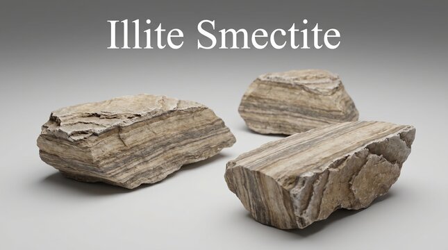 Three rough textured illite smectite clay mineral stones with layered brown patterns displayed in a clean bright studio lighting setup