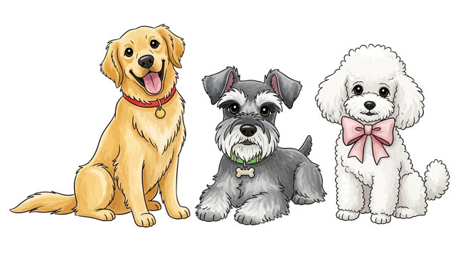 Cute dog breed illustrations, golden retriever schnauzer and white poodle vector set, friendly domestic pets for veterinary and pet care design