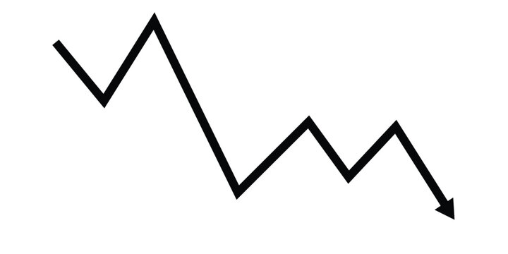 Jagged black line graph with a downward pointing arrow illustrating a financial market decline or business loss