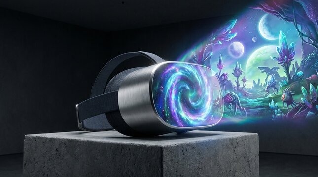 Virtual reality headset on a concrete block projecting a glowing portal to an immersive alien galaxy