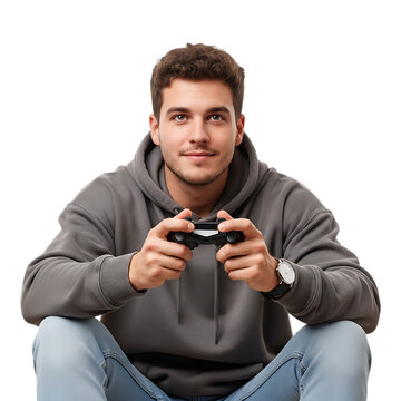 Young man in a gray hoodie sitting and holding a video game controller to play a game