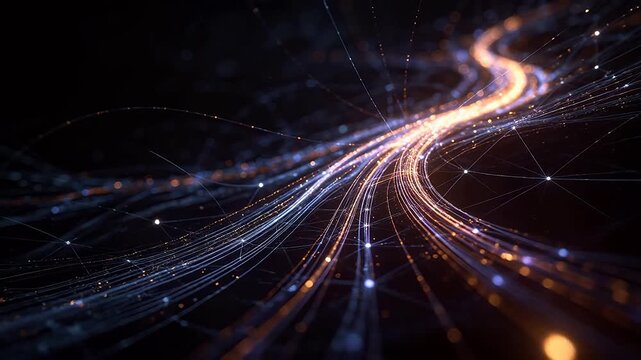 Abstract digital network with glowing warm and cool dots connected by lines