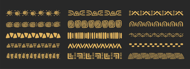 Naklejka premium Tribal African folk border, golden ethnic motif hand drawn doodle set on dark background. Tribal geometric design. Aztec art dividers, trendy boho separators.