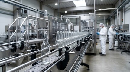 Fototapeta premium Automated glass bottle bottling line in modern food and beverage manufacturing factory with workers