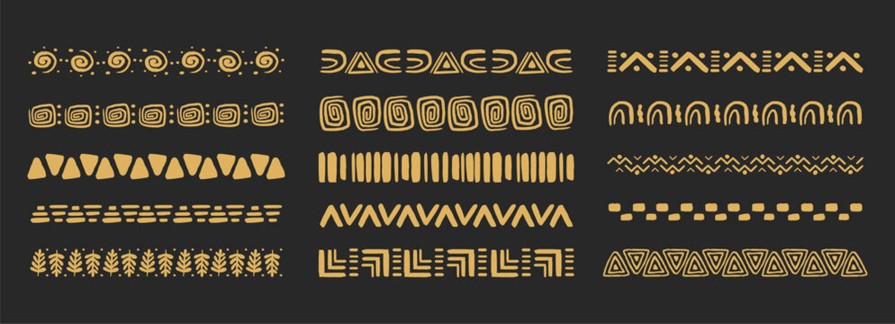 Tribal African folk border, golden ethnic motif hand drawn doodle set on dark background. Tribal geometric design. Aztec art dividers, trendy boho separators.