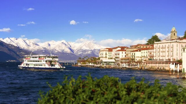 Bellagio Lake Como Ferry Reveal with Snowy Mountains