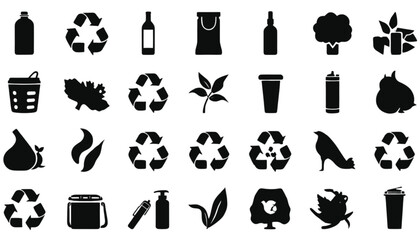 Obraz premium Icons representing recycling and various consumer goods are organized in a clean grid formation.