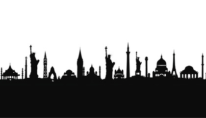 Fototapeta premium Landmarks skyline presents a silhouette of iconic global architectural monuments in one composition.