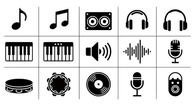 Collage of music icons and audio equipment symbols in black and white.