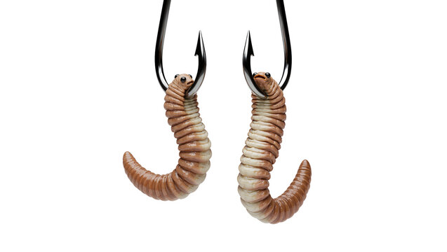 Isolated two fishing hooks baited with realistic earthworms, tempting catch for anglers