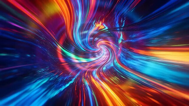 Multicolored light vortex with red orange yellow pink blue curves converging on dark background