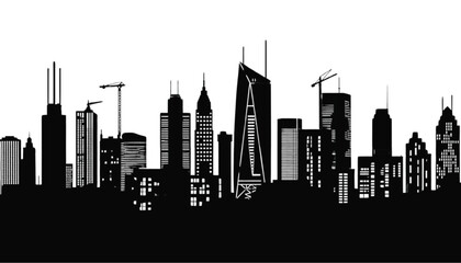 Obraz premium Cityscape silhouette shows a modern metropolitan skyline with tall skyscrapers and construction cranes.