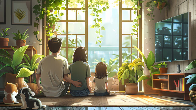 Beautiful advertising-style lifestyle portrait of a happy family in a poster-perfect composition, radiating warmth, love, and joy with a soft golden-lit background and natural effortless style.