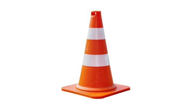 Isolated bright orange traffic cone with two reflective white stripes, vital safety warning equipment