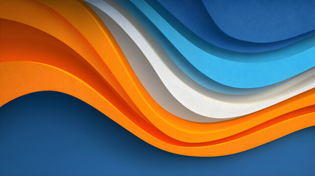 Abstract background with flowing wavy layers in orange, blue, and white colors with a textured paper cut effect