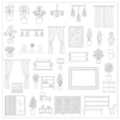 Fototapeta premium A comprehensive collection of line art illustrations depicting various home decor items and furniture, including plants, lighting, curtains, seating, and storage solutions.